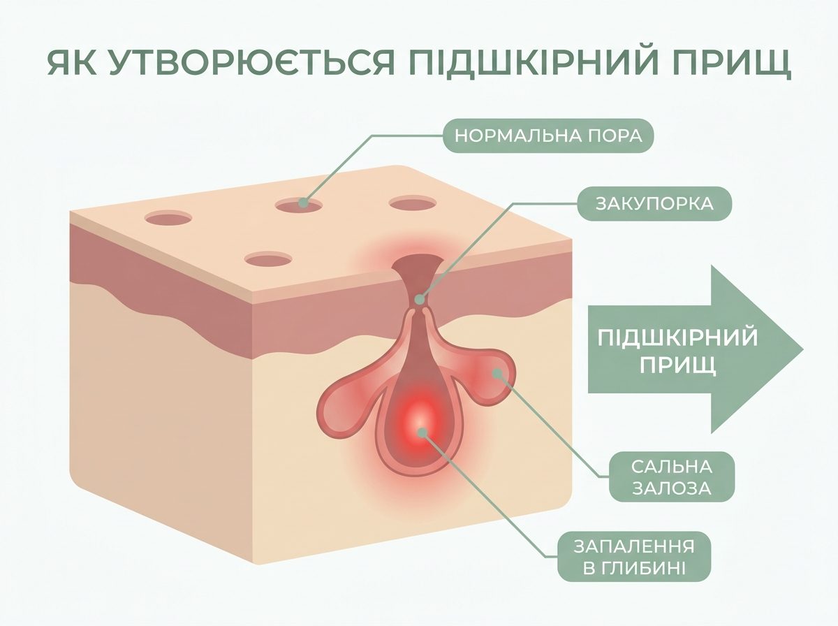 Схема будови шкіри: підшкірний прищ як запалення глибоко в сальній залозі без виходу на поверхню