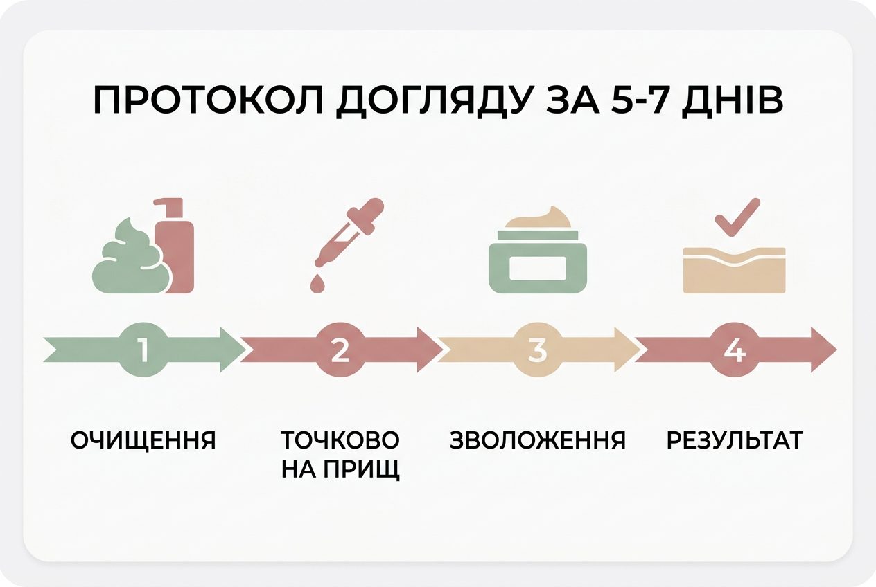 Етапи лікування підшкірного прища: очищення, точкова дія, зволоження, результат за 5-7 днів