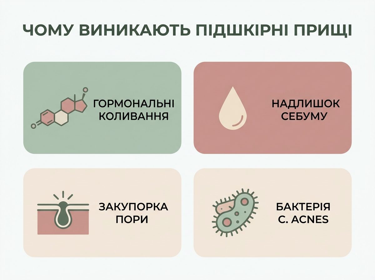 Інфографіка причин підшкірних прищів: гормони, надлишок себуму, закупорка пори, бактерія C. acnes