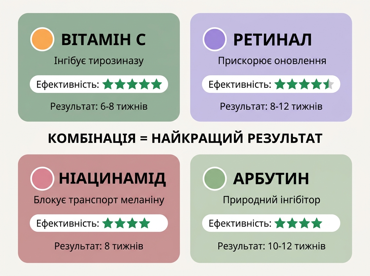 Сравнение четырёх ингредиентов от пигментации: витамин С, ретинал, ниацинамид, арбутин