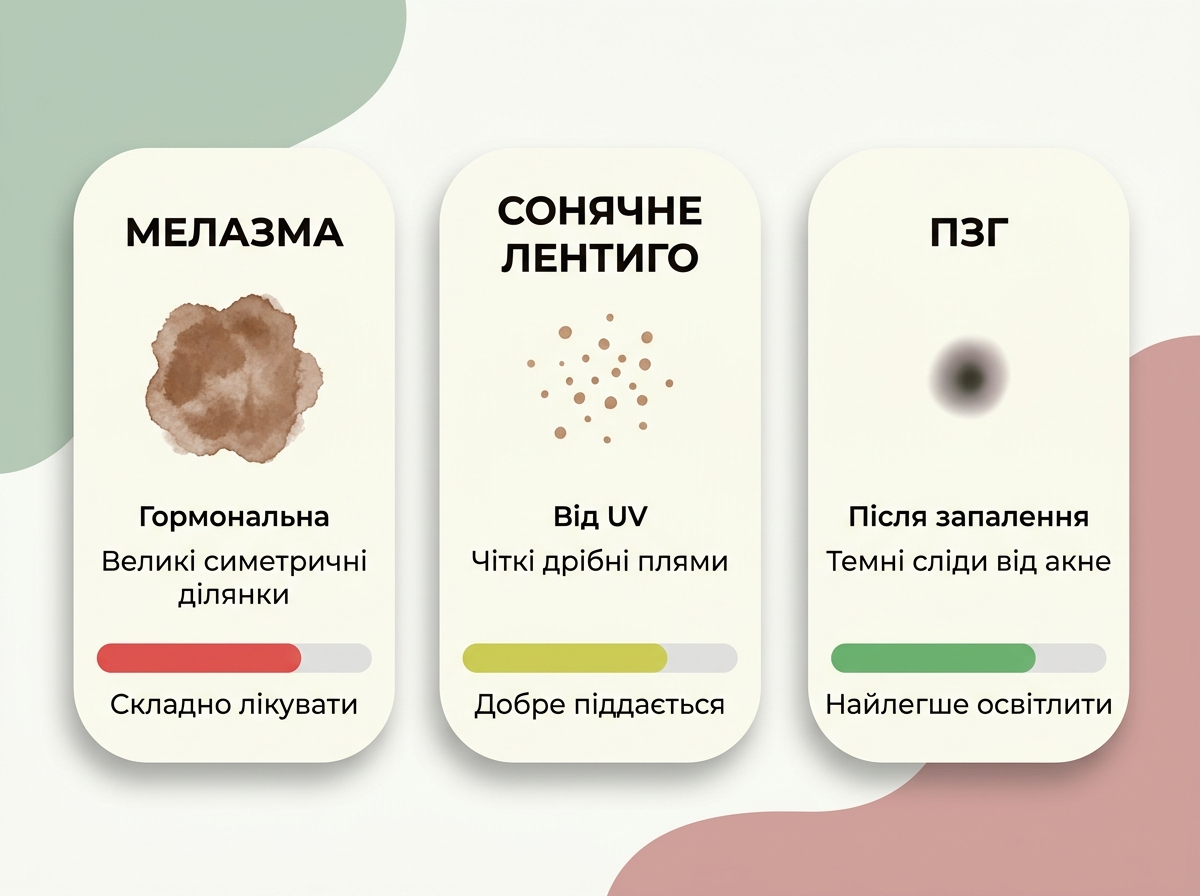Инфографика: три типа пигментных пятен — мелазма, солнечное лентиго, поствоспалительная гиперпигментация