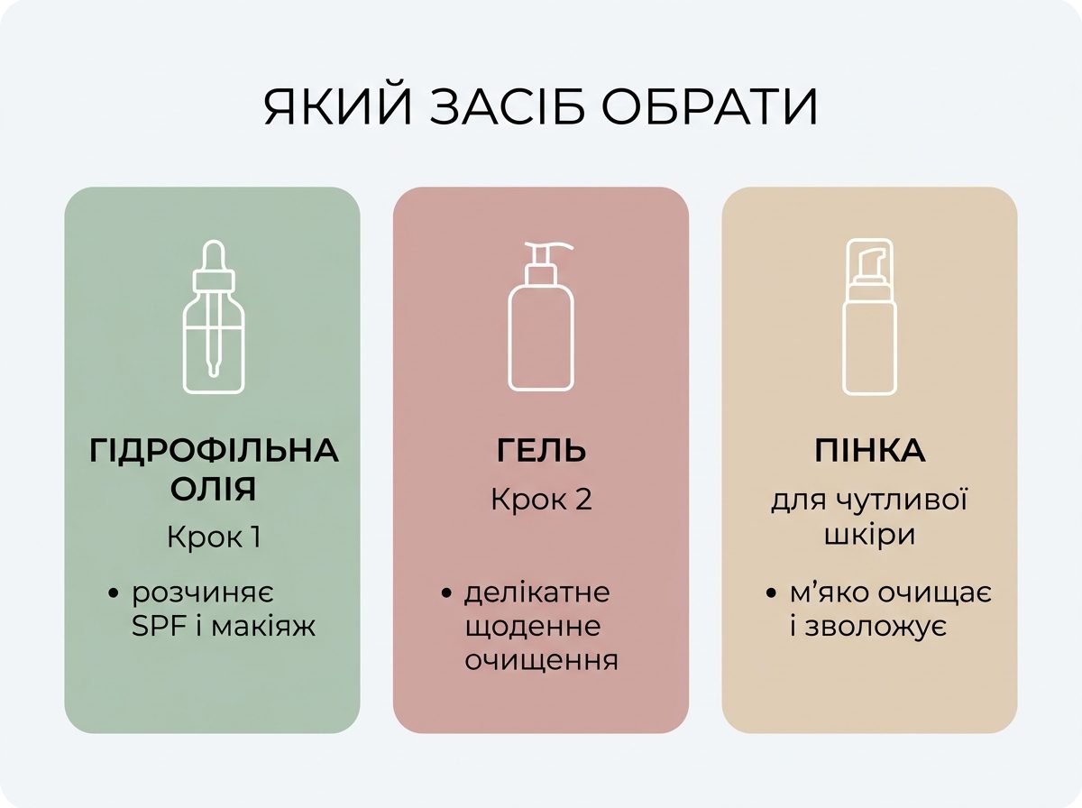Сравнение типов очищающих средств для двойного очищения: гидрофильное масло, гель, пенка
