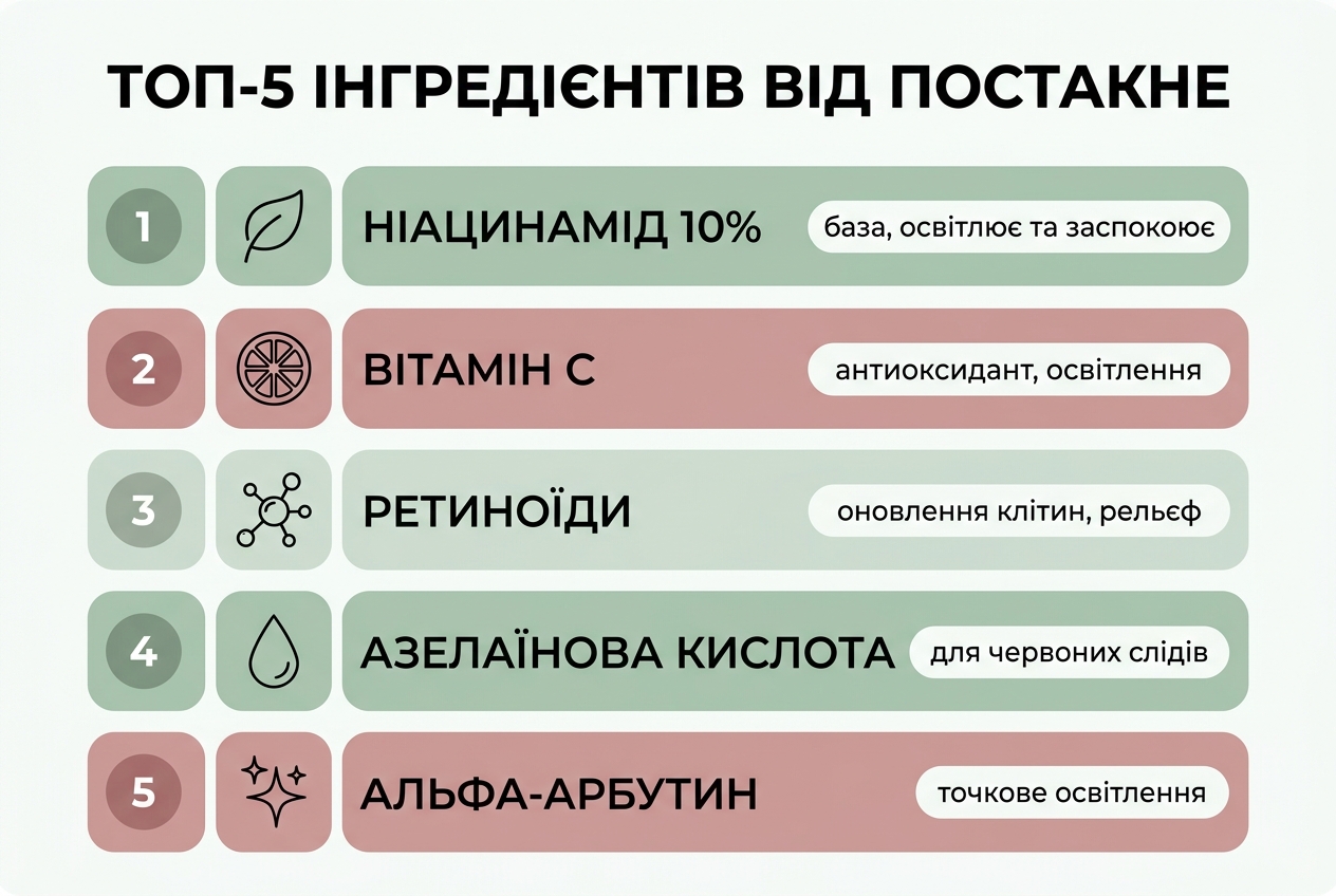Інфографіка: топ-5 інгредієнтів від постакне з рейтингом ефективності