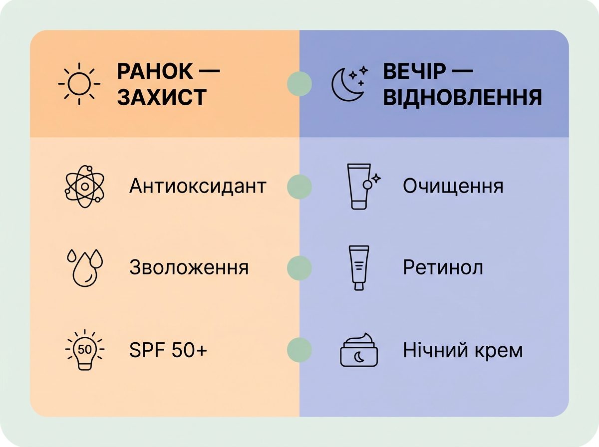 Інфографіка порівняння ранкового і вечірнього догляду: захист vs відновлення