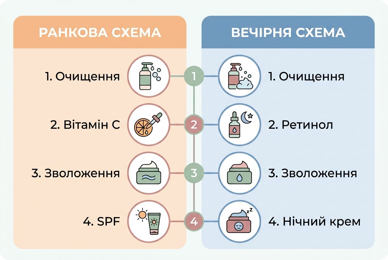 Інфографіка покрокової ранкової та вечірньої схеми догляду за шкірою