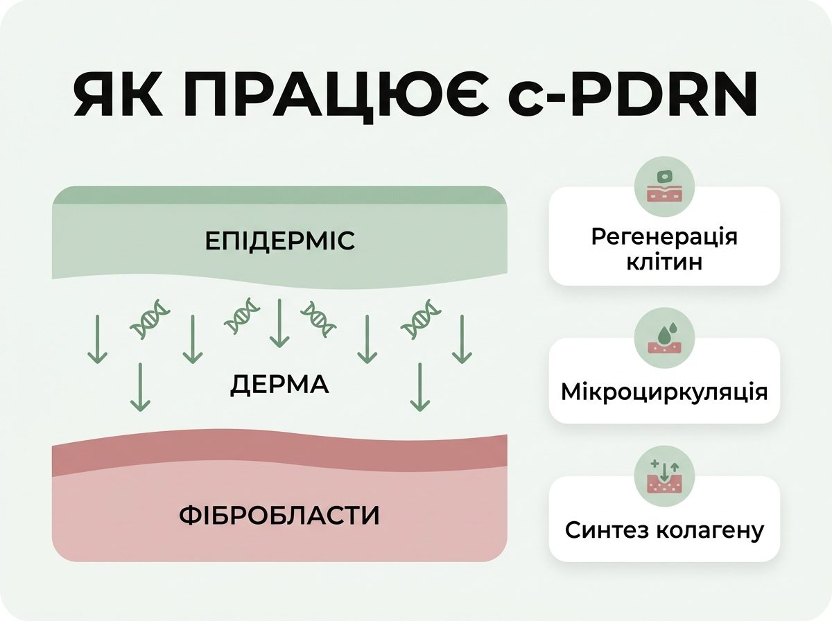Инфографика: как c-PDRN работает на слои кожи — регенерация, микроциркуляция, синтез коллагена
