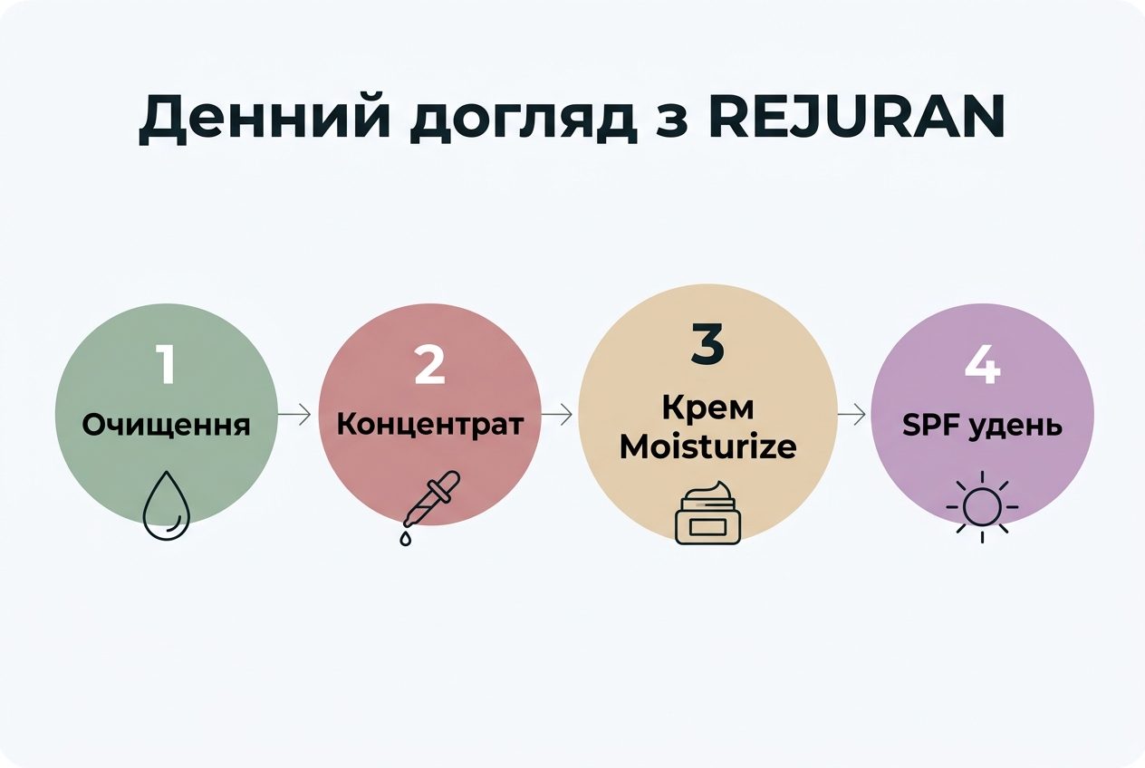 Схема догляду REJURAN: очищення, концентрат, крем Moisturize, SPF удень