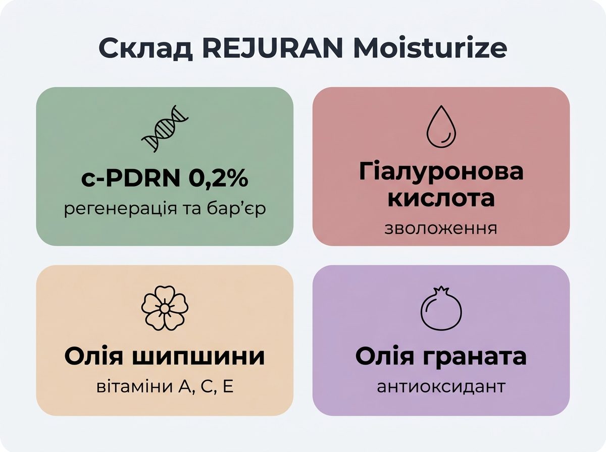 Інфографіка складу крему REJURAN Moisturize: c-PDRN, гіалуронова кислота, олія шипшини, олія граната