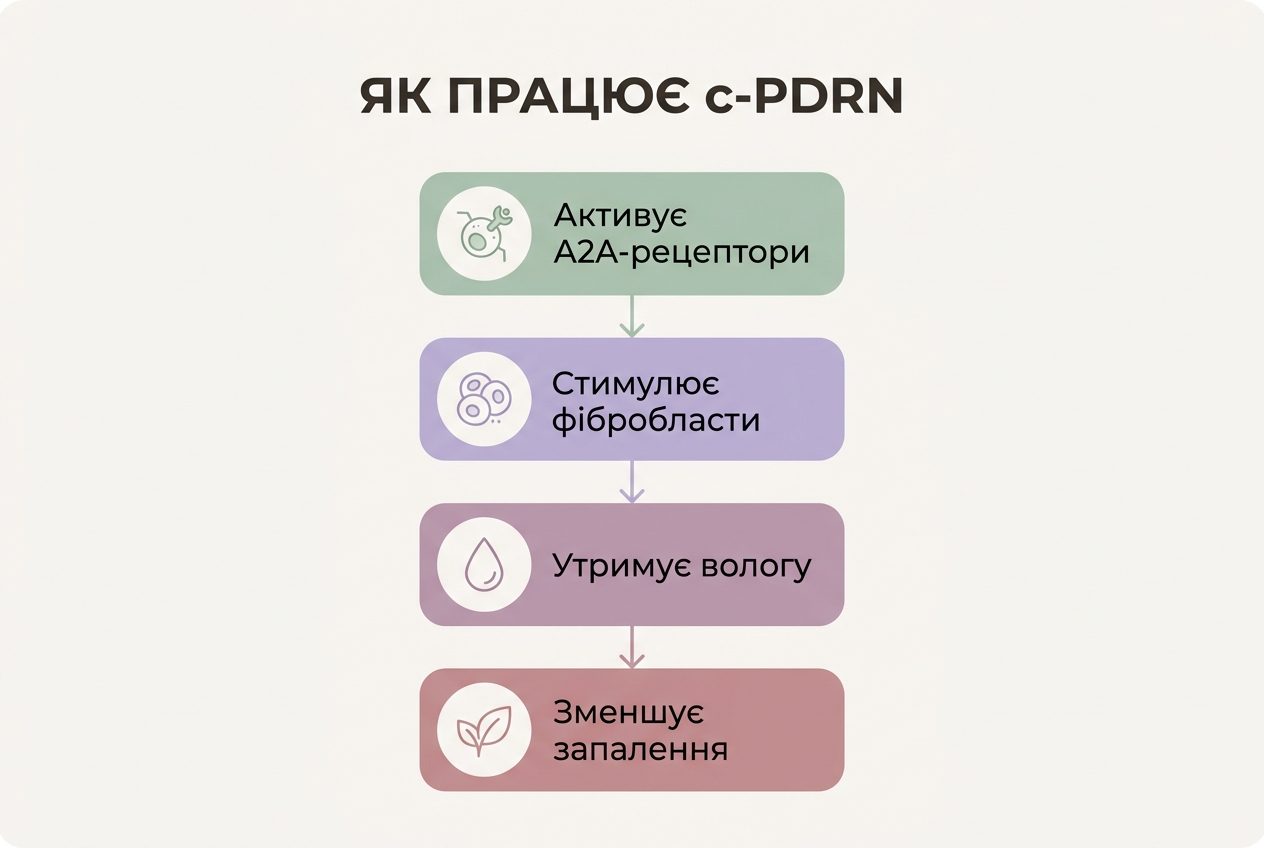 Інфографіка механізму дії c-PDRN: A2A-рецептори, фібробласти, зволоження, заспокоєння