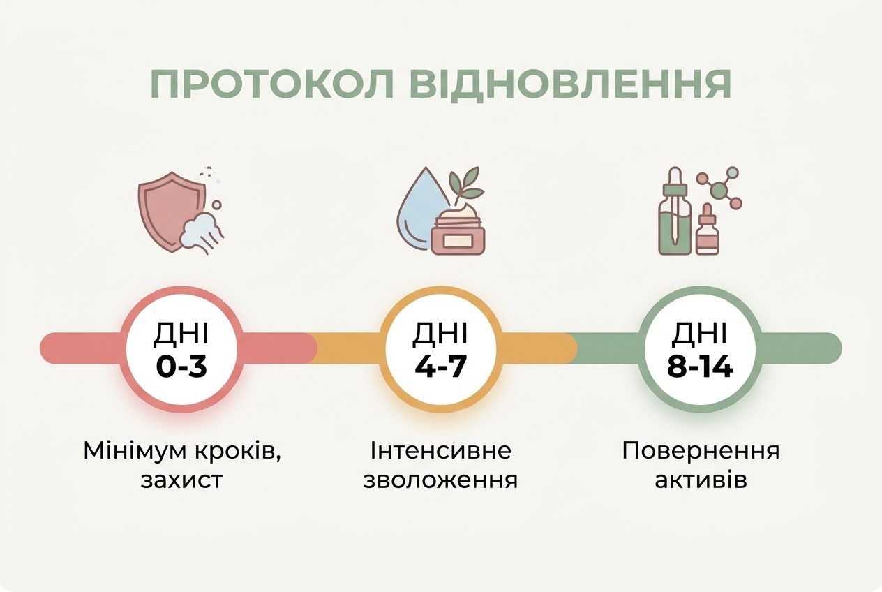 Інфографіка-таймлайн відновлення шкіри після процедур: дні 0-3, 4-7, 8-14