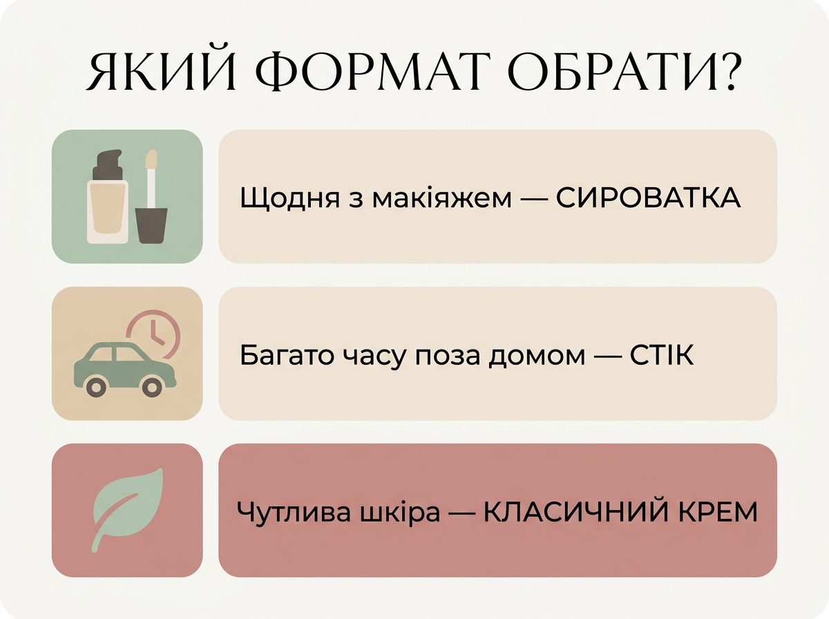 Шкала вибору формату SPF REJURAN залежно від ситуації: під макіяж, оновлення вдень, базовий захист