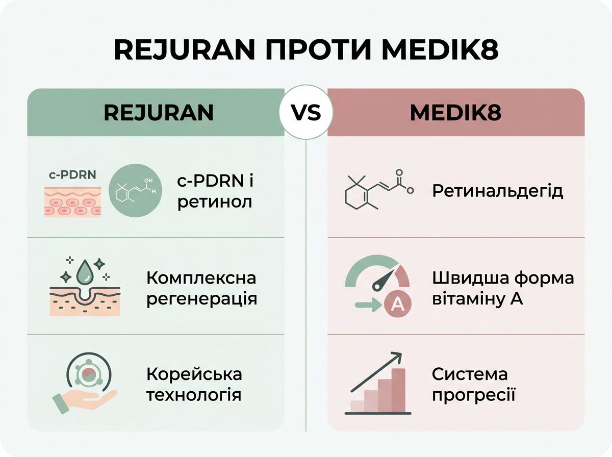 Инфографика-сравнение REJURAN против Medik8: c-PDRN с ретинолом против ретинальдегида