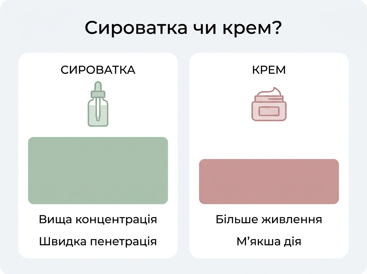 Инфографика сравнения крема и сыворотки с ретинолом по концентрации и пенетрации