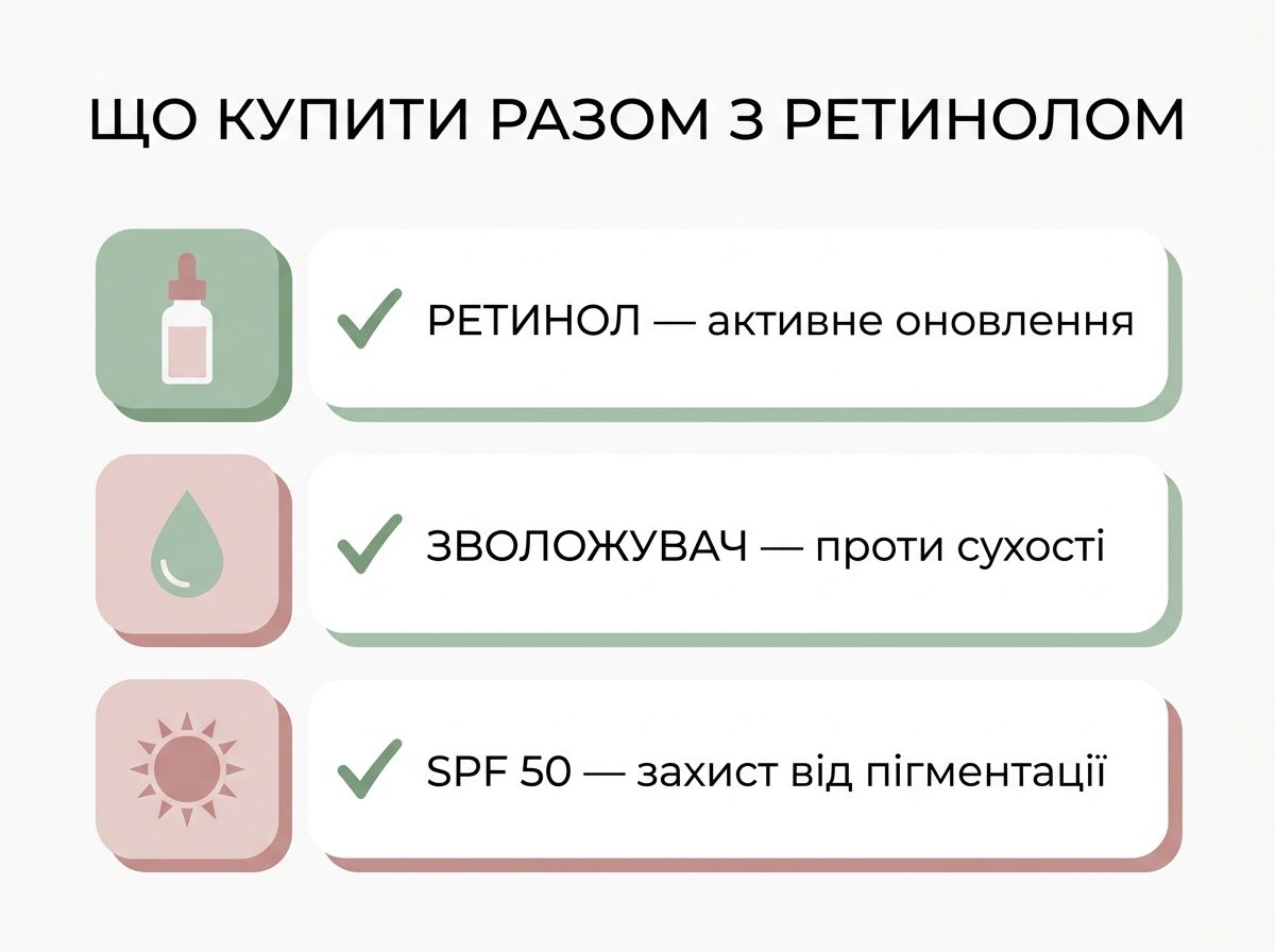 Чек-лист что купить вместе с ретинолом: увлажнитель и солнцезащита SPF 50