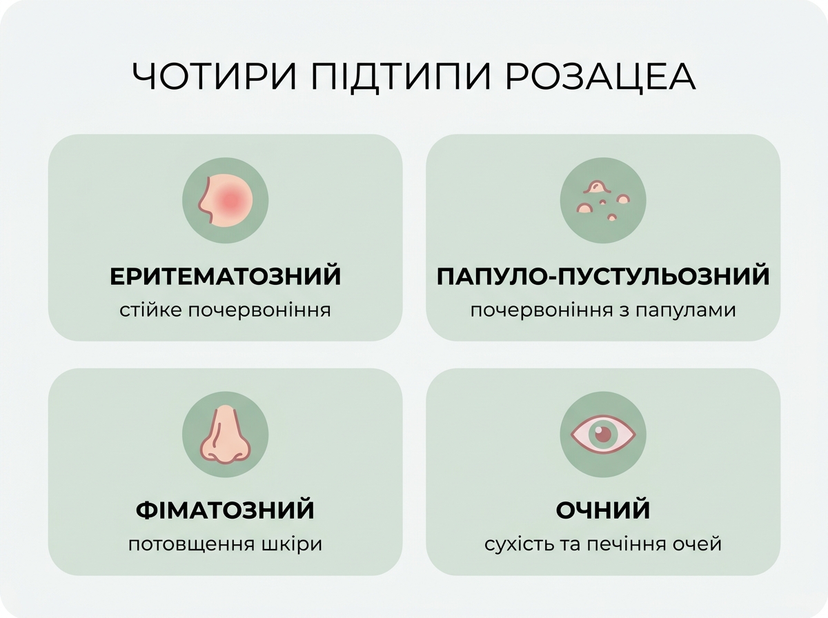 Інфографіка: 4 підтипи розацеа — еритематозний, папуло-пустульозний, фіматозний, очний