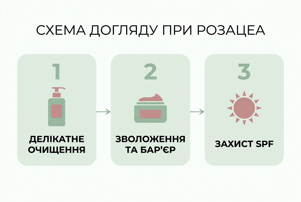 Інфографіка: 3 кроки догляду за шкірою з розацеа — очищення, зволоження, захист SPF