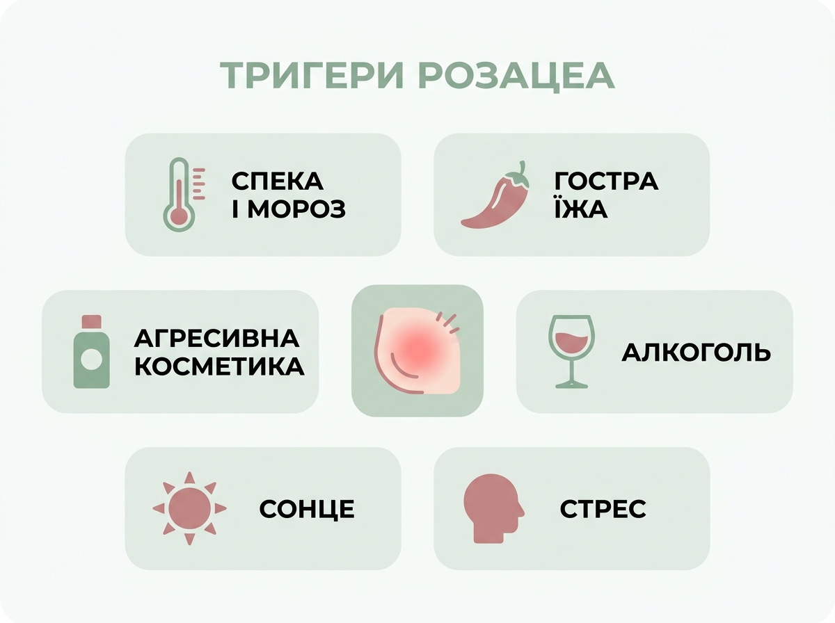 Інфографіка: основні тригери розацеа — температура, їжа, алкоголь, стрес, сонце, косметика