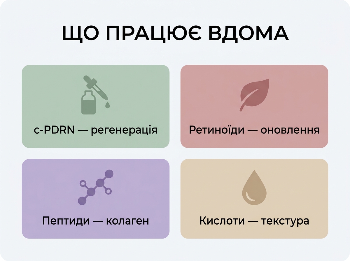 Інфографіка: активні інгредієнти від рубців від акне — c-PDRN, ретиноїди, пептиди, кислоти