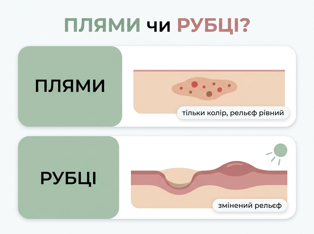 Інфографіка-шкала: різниця між пігментними плямами та рубцями від акне за глибиною ураження шкіри