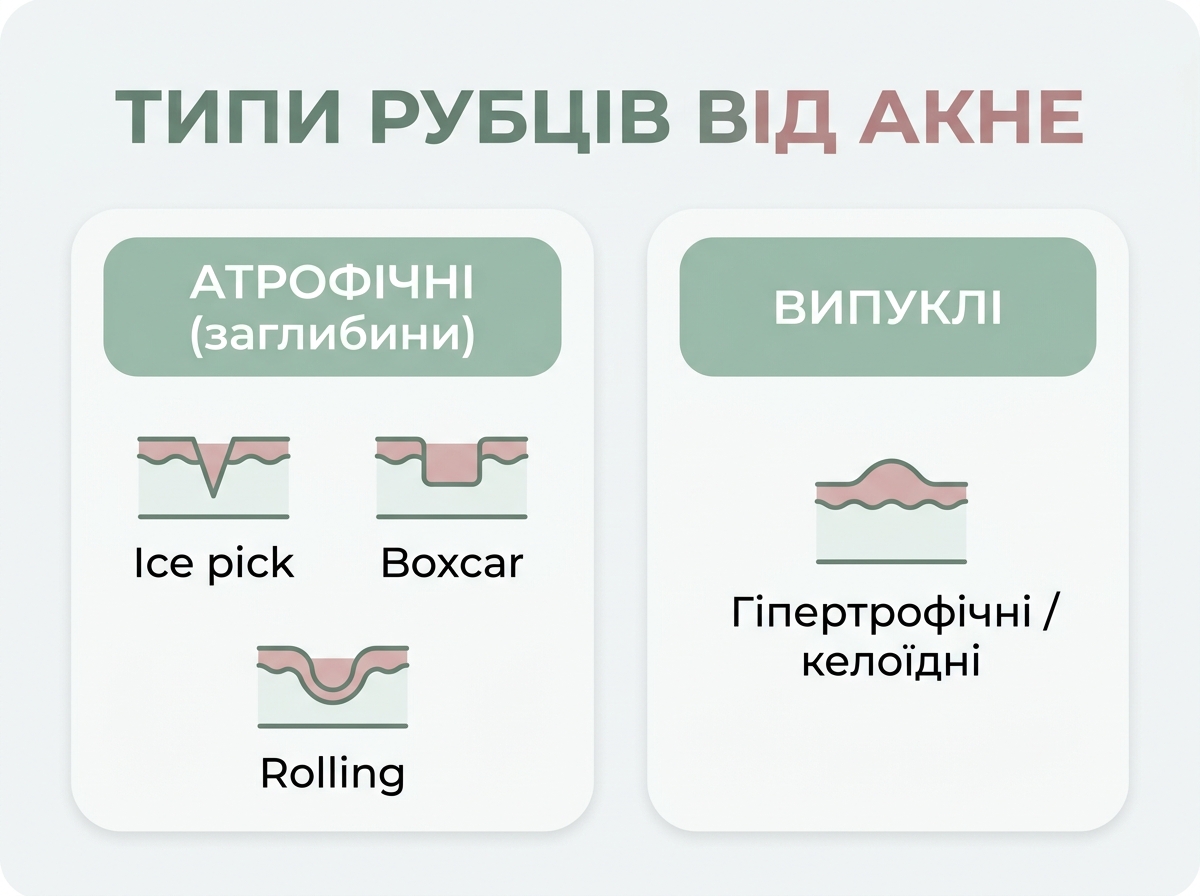 Інфографіка: типи рубців від акне — атрофічні ice pick, boxcar, rolling та гіпертрофічні