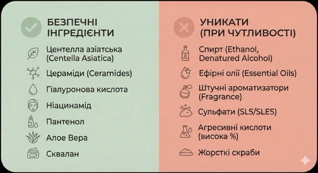 Порівняння безпечних інгредієнтів та провокаторів для чутливої шкіри
