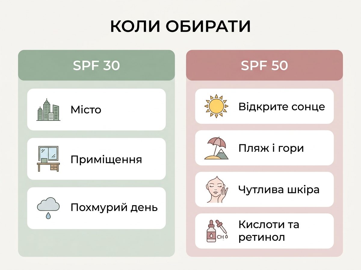 Порівняння SPF 30 та SPF 50: коли достатньо 30, а коли краще обрати 50