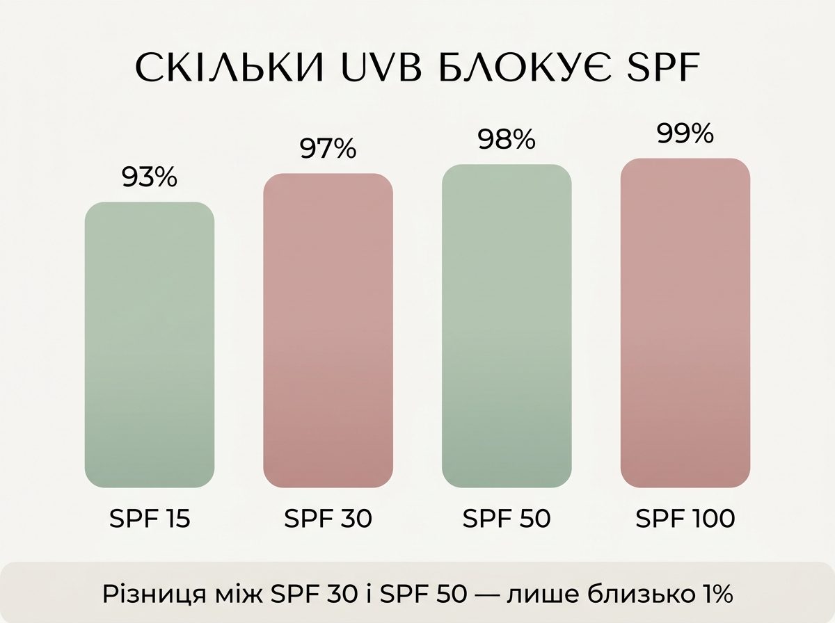 Шкала захисту SPF: 30 блокує 97% UVB, 50 блокує 98%, різниця лише 1 відсоток