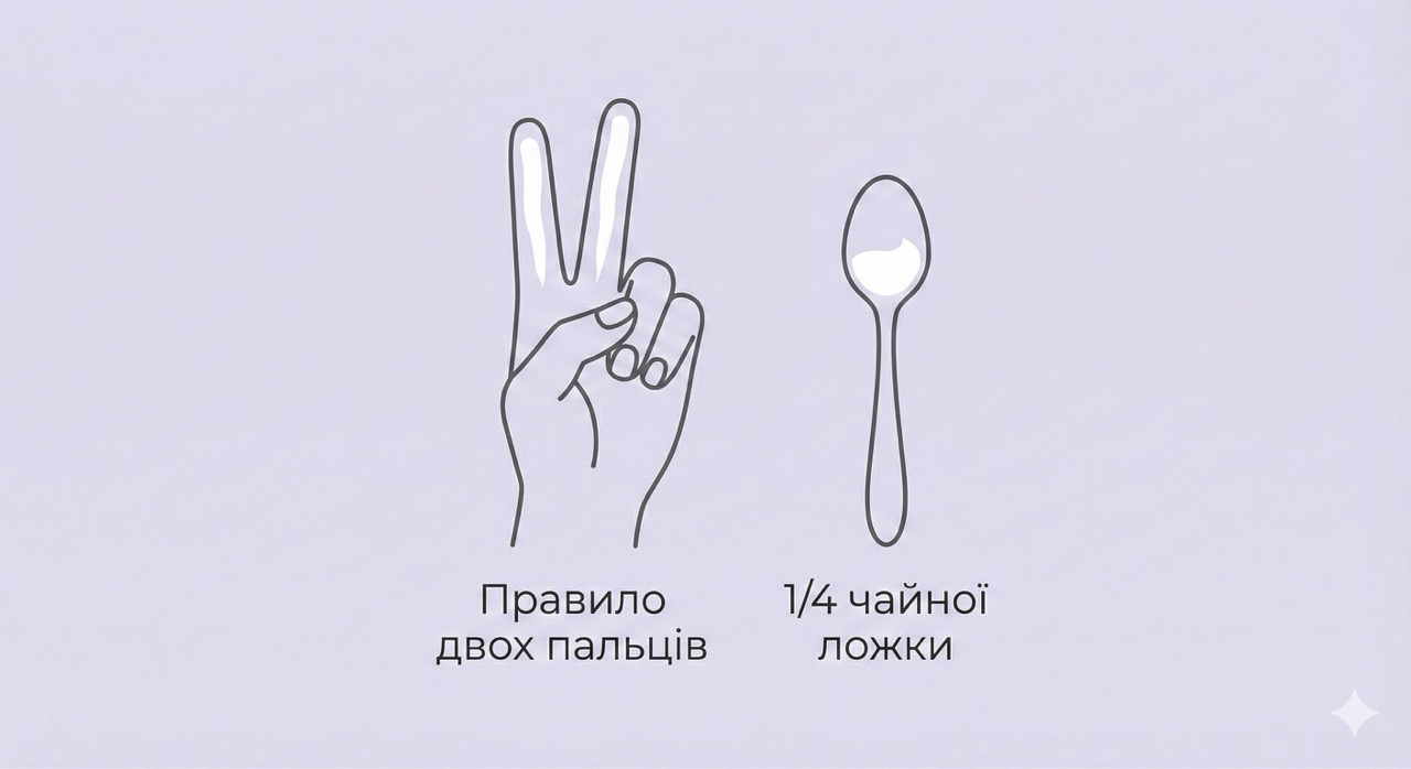 Візуалізація правильної кількості SPF: 1/4 чайної ложки або два пальці продукту