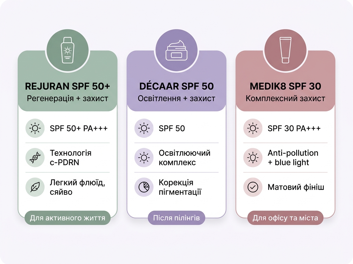 Порівняння трьох SPF засобів: REJURAN, Décaar та Medik8 за типом захисту та текстурою