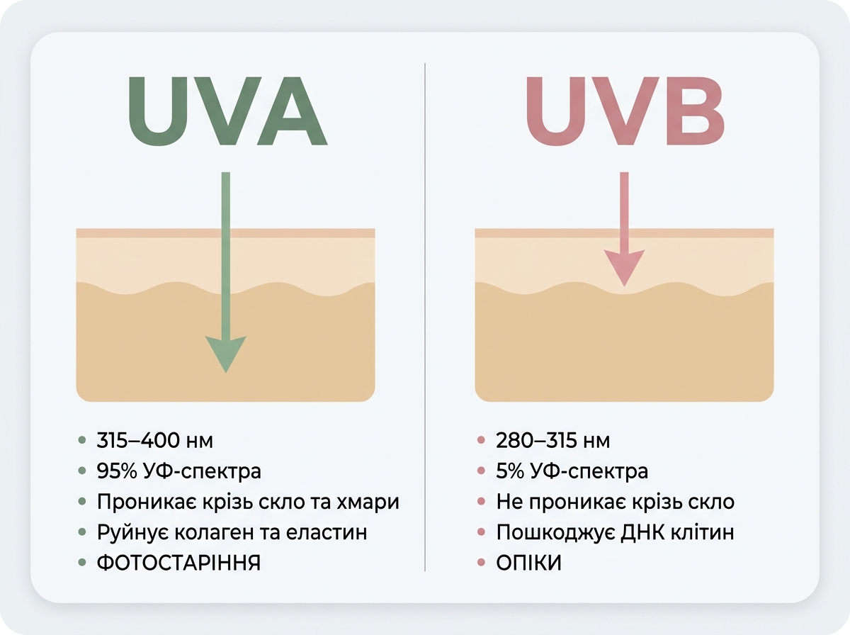 Інфографіка порівняння UVA та UVB променів: глибина проникнення та наслідки для шкіри