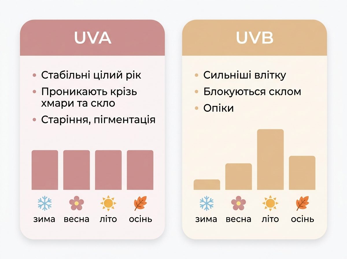 Инфографика: сравнение лучей UVA и UVB по сезонам, зачем нужен SPF зимой