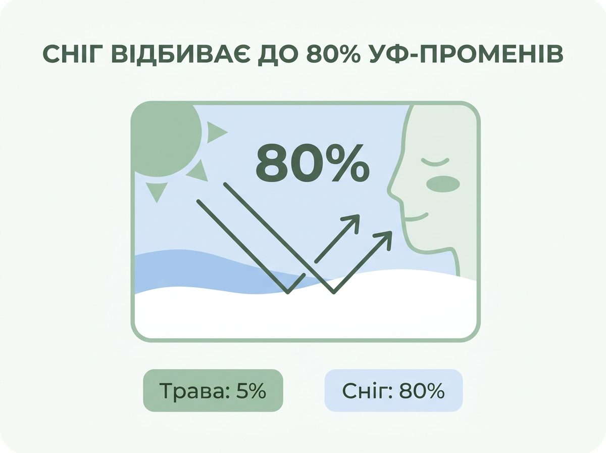 Инфографика: снег отражает до 80% УФ-лучей, поэтому SPF зимой обязателен