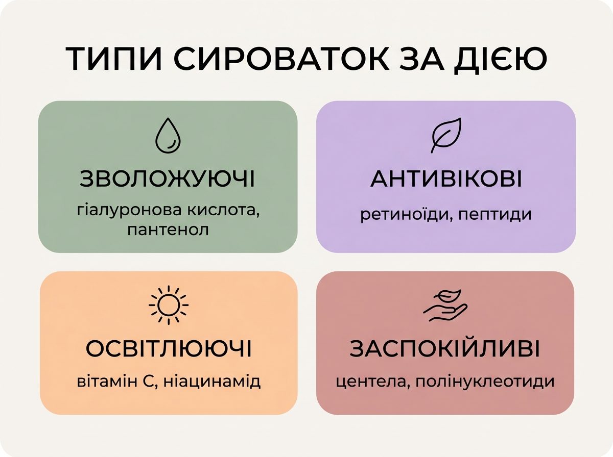 Інфографіка: чотири типи сироваток для обличчя за дією — зволожуючі, антивікові, освітлюючі, заспокійливі