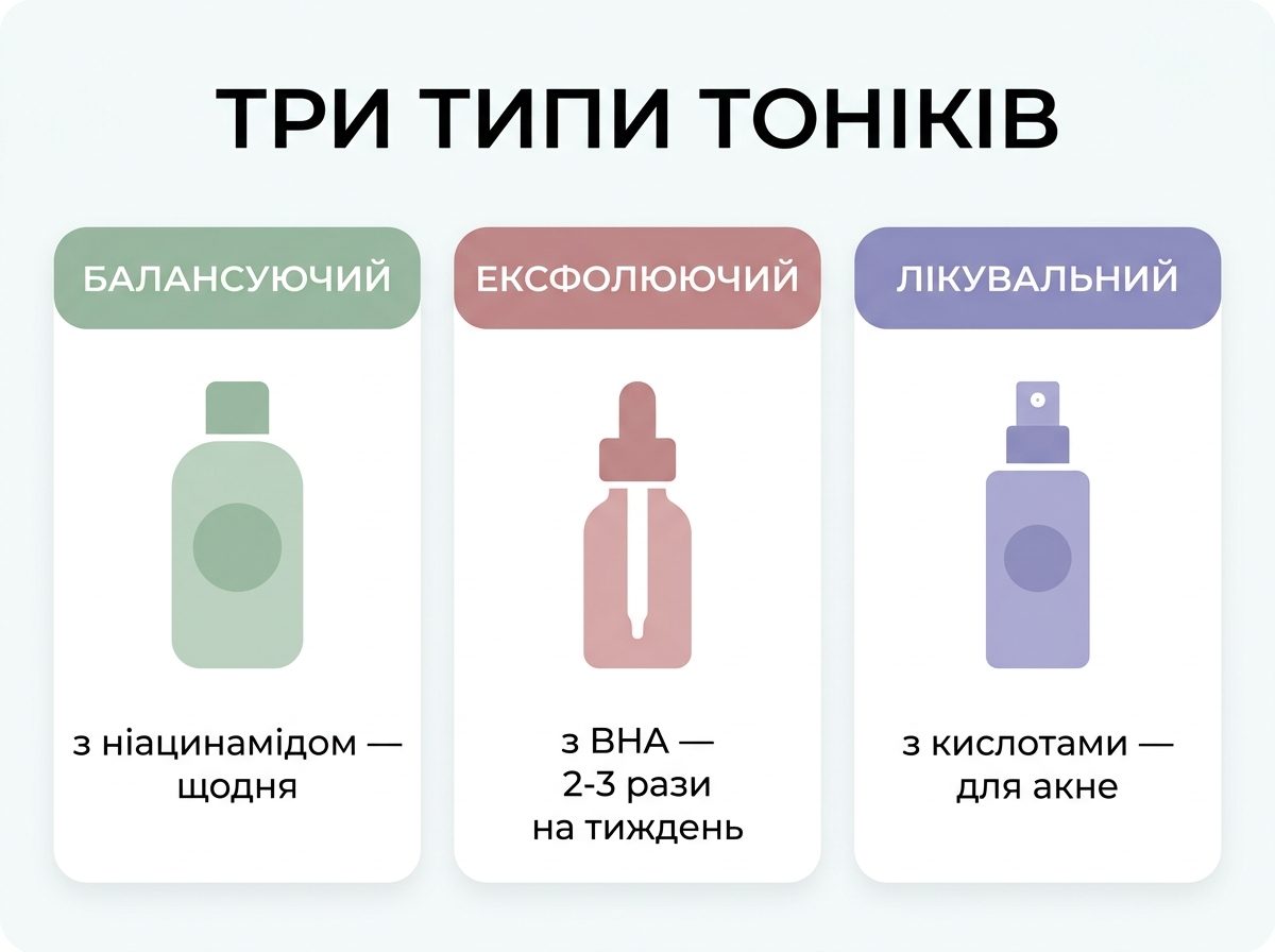 Порівняння трьох типів тоніків для жирної шкіри: балансуючий, ексфолюючий і лікувальний