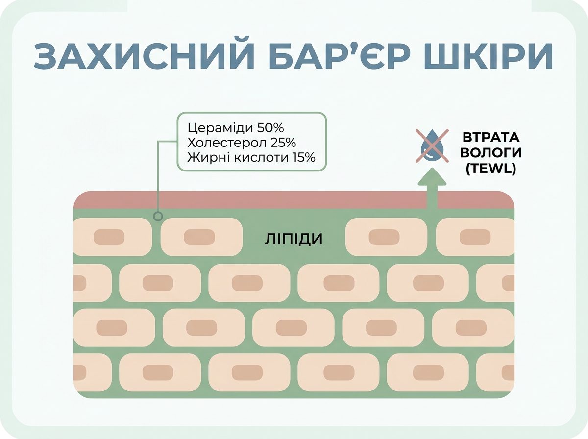 Інфографіка: модель захисного бар'єру шкіри цегла і розчин, цераміди складають 50% ліпідів