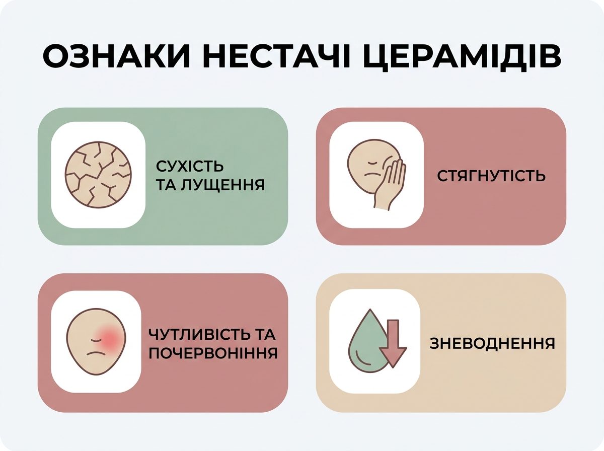Інфографіка: чотири ознаки нестачі церамідів — сухість, стягнутість, чутливість, зневоднення