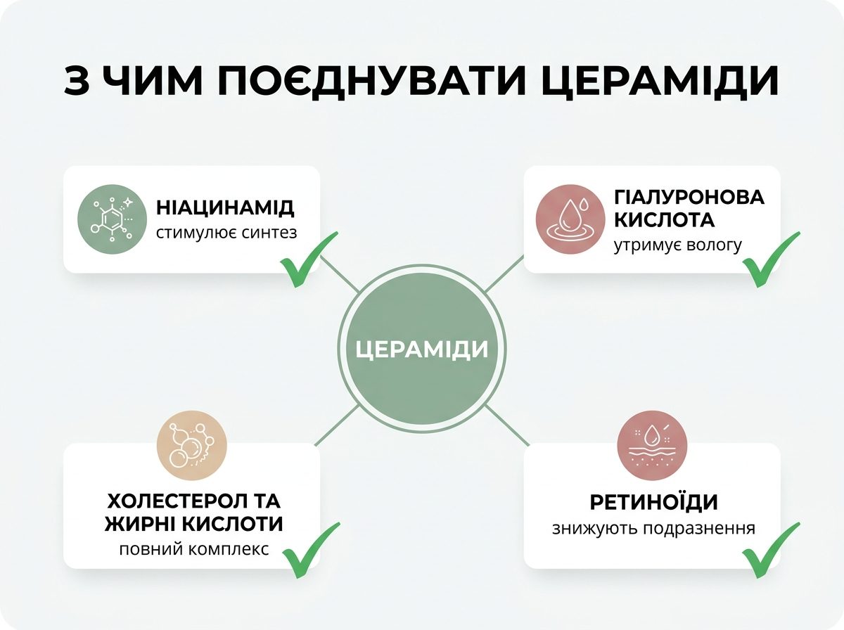 Інфографіка: з чим поєднувати цераміди — ніацинамід, гіалуронова кислота, холестерол, ретиноїди