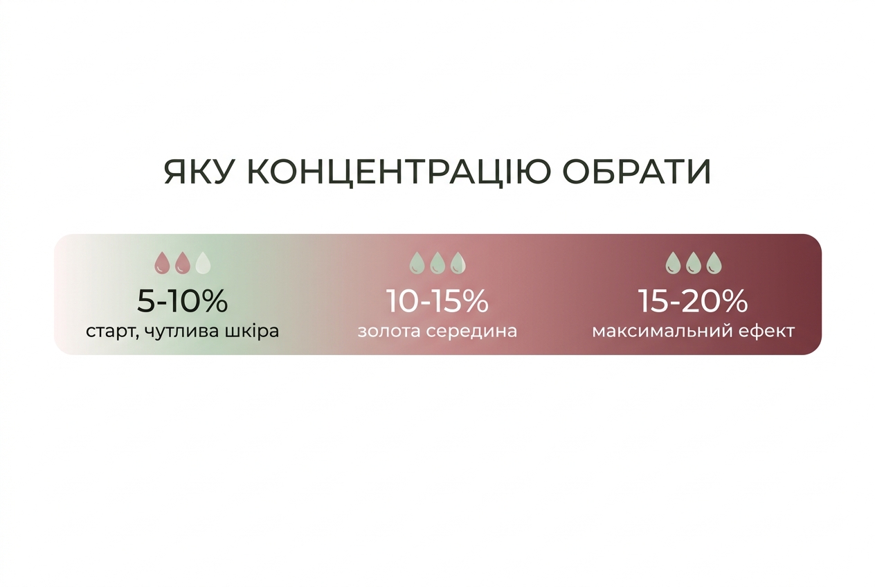 Шкала концентрацій вітаміну С від 5% до 20% з рекомендаціями для різного рівня досвіду шкіри
