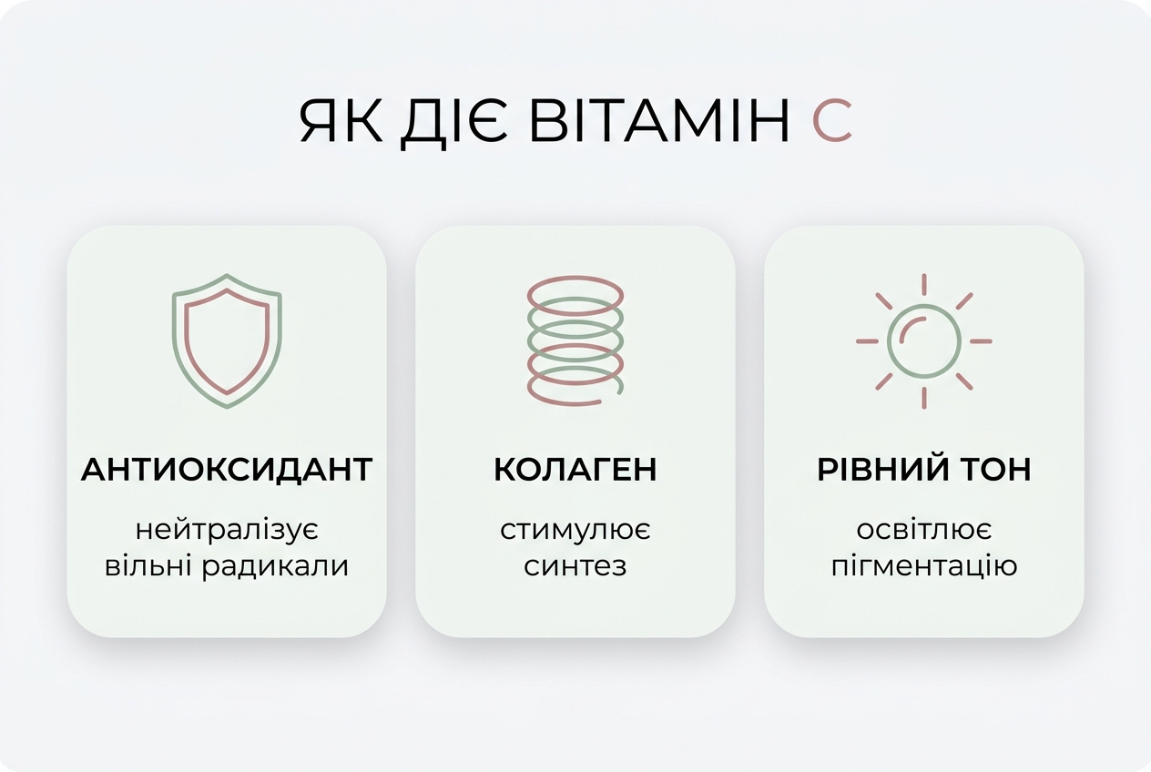 Інфографіка механізму дії вітаміну С у шкірі: антиоксидантний захист, синтез колагену, освітлення пігментації