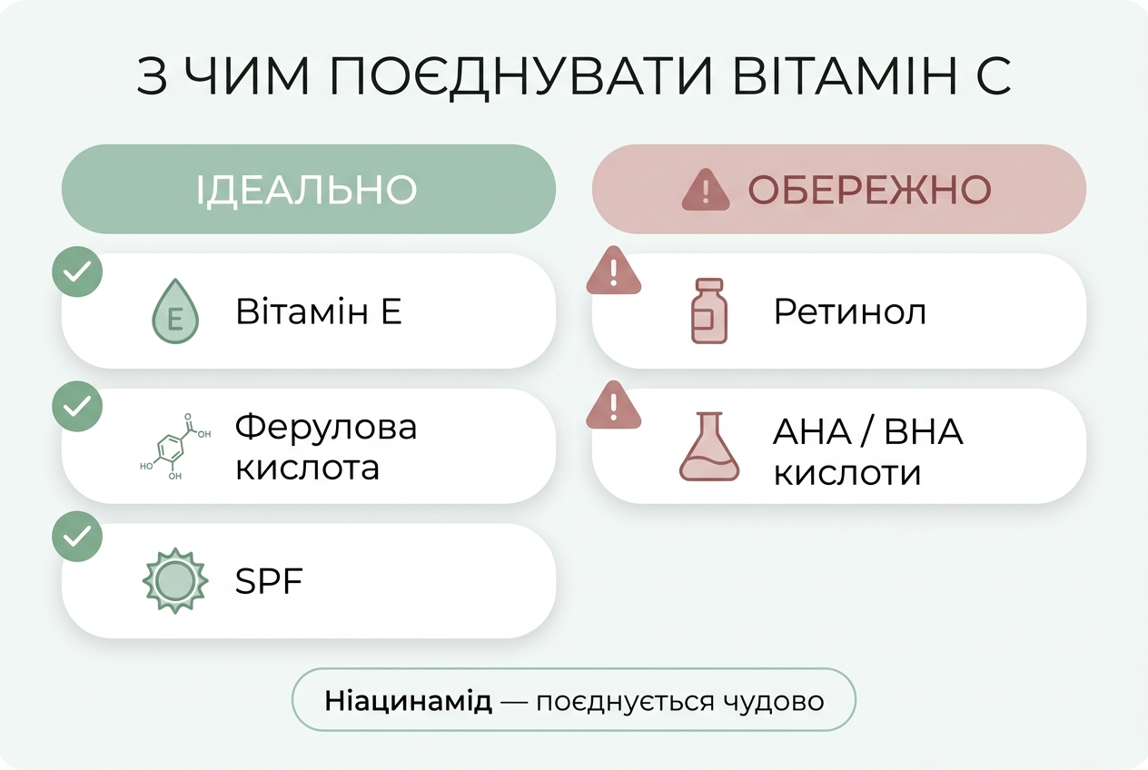 Інфографіка поєднань вітаміну С з SPF, вітаміном Е, феруловою кислотою, ніацинамідом та ретинолом