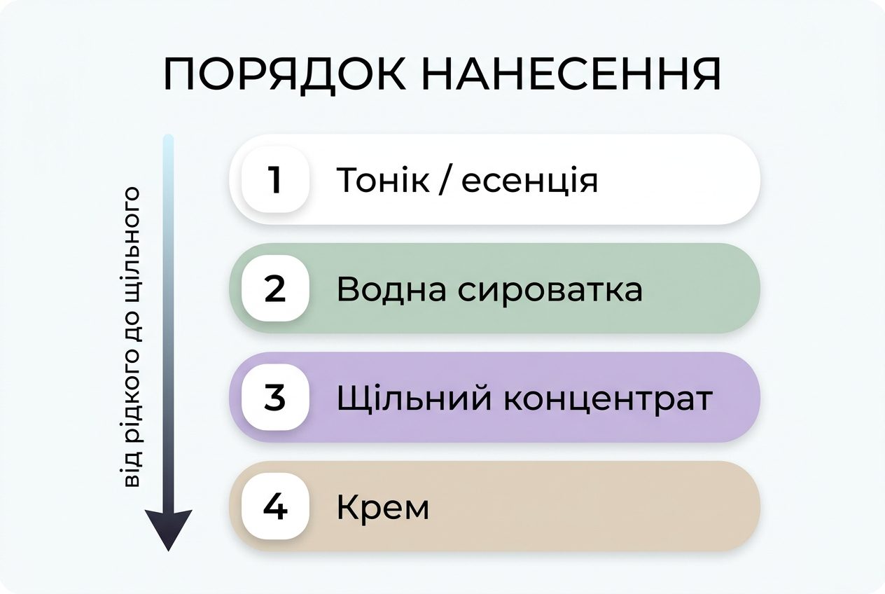 Порядок нанесення сироваток від рідкої до щільної текстури — схема шарів