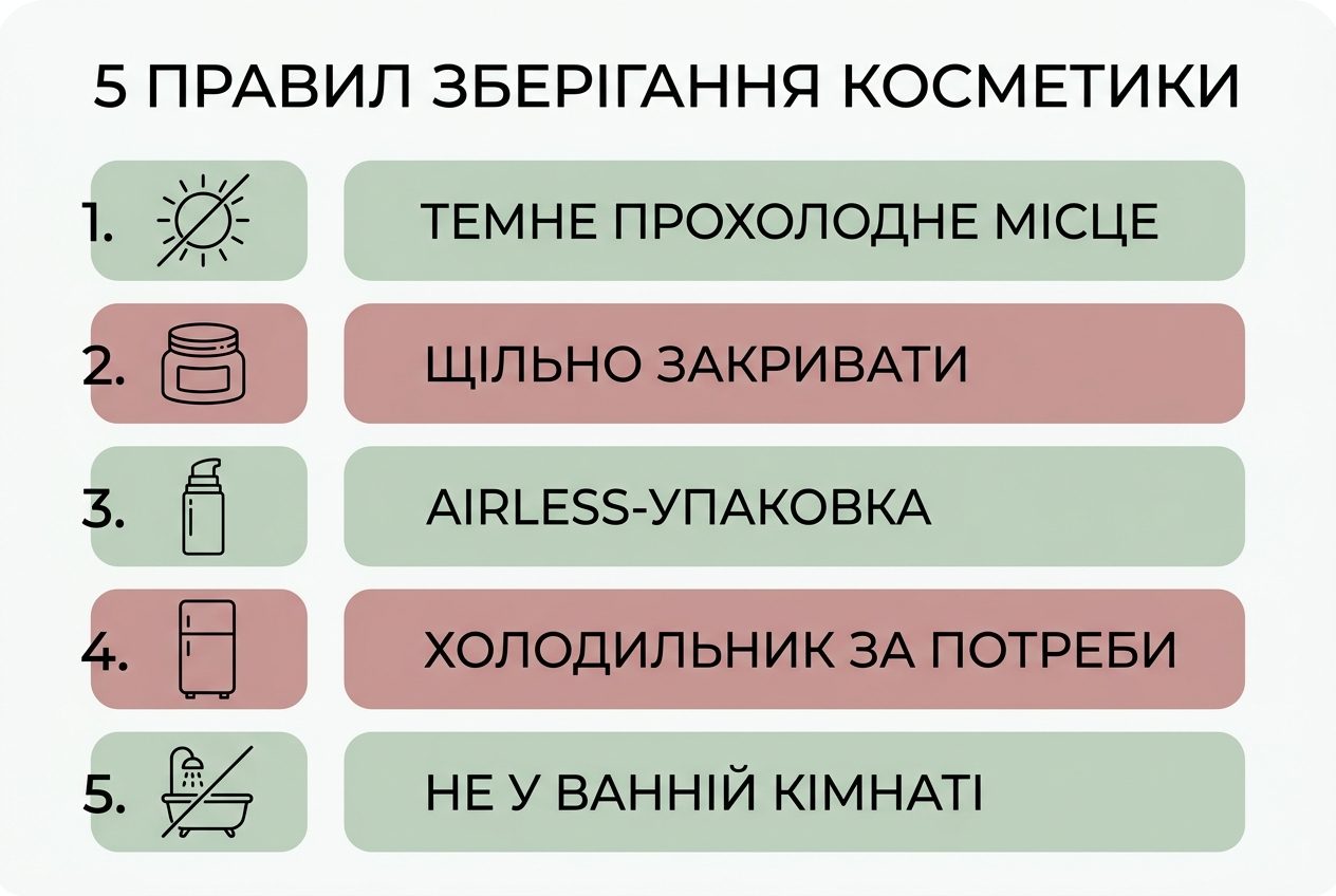 5 правил зберігання косметики: темне місце, щільна кришка, airless-упаковка, холодильник, не у ванній