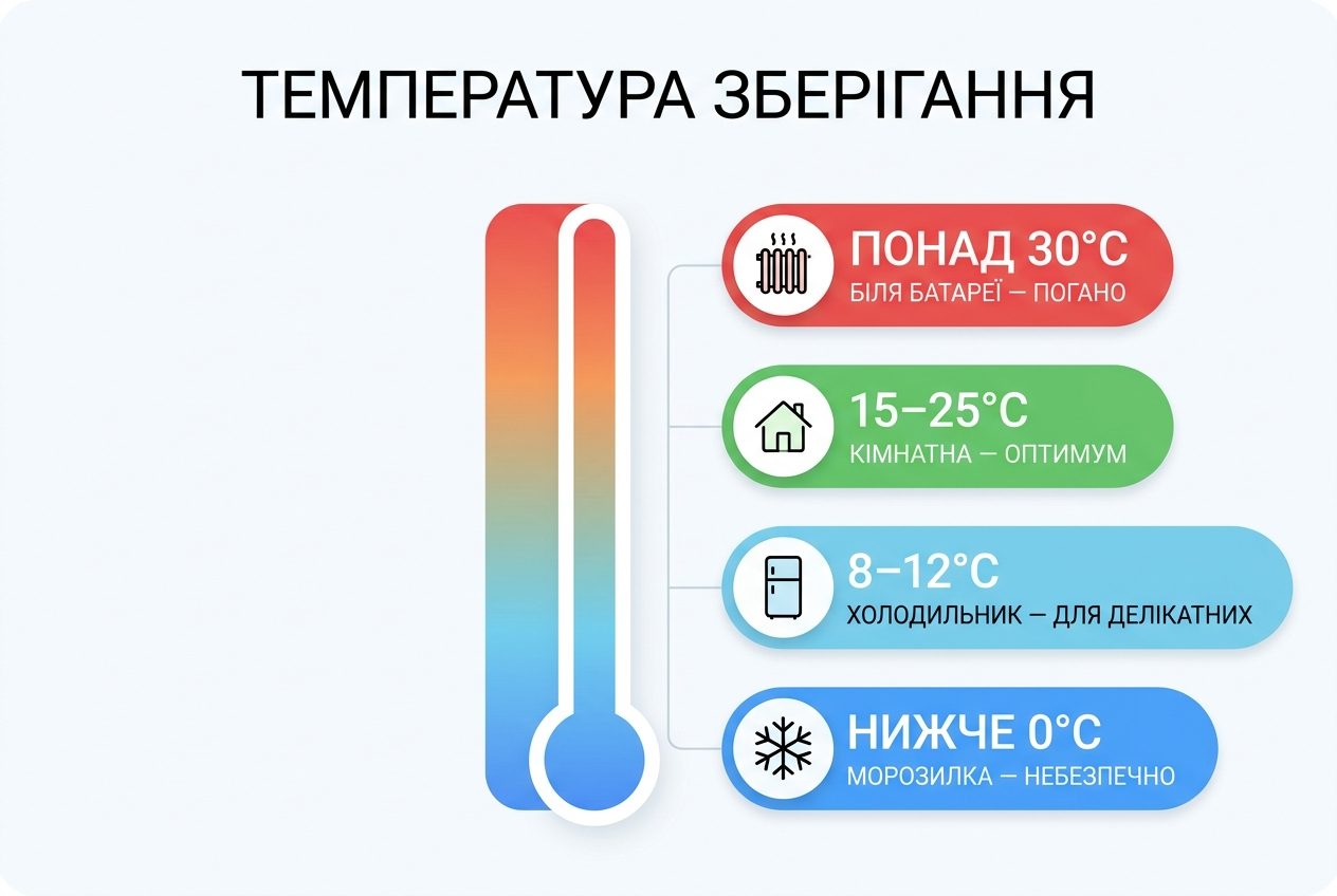 Температурна шкала зберігання косметики: морозилка небезпечно, холодильник для делікатних активів, кімнатна температура оптимум, біля батареї погано
