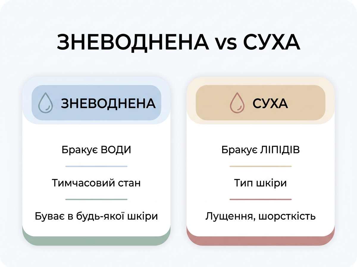 Порівняння зневодненої та сухої шкіри: різниця між нестачею води та нестачею ліпідів